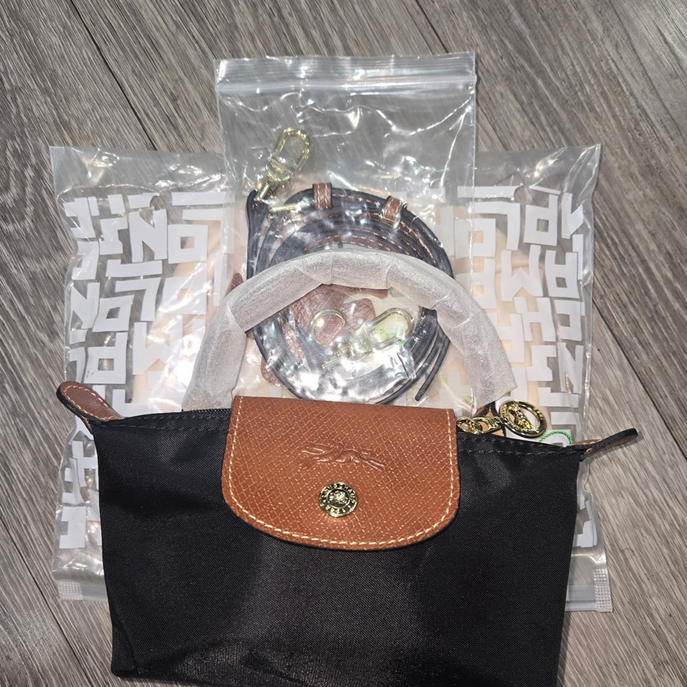Longchamp Le Pliage Original Handle Pouch mini lblack brown leather nwt color - Picture 5 of 8